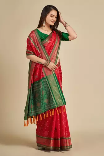 Red Woven Patola Silk Blend Saree With Blouse Piece