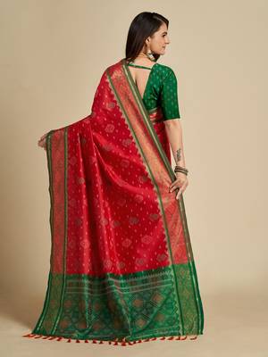 Red Woven Patola Silk Blend Saree With Blouse Piece 3
