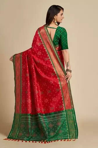 Red Woven Patola Silk Blend Saree With Blouse Piece