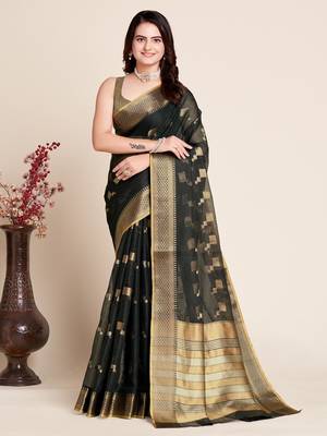Black Woven Kota Doria Cotton Silk saree With Blouse Piece 1
