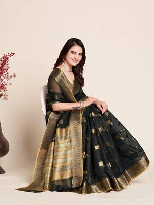 Black Woven Kota Doria Cotton Silk saree With Blouse Piece 2