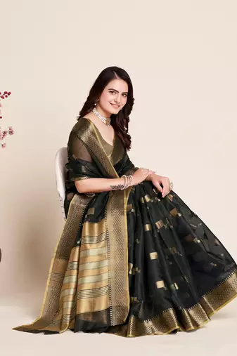 Black Woven Kota Doria Cotton Silk saree With Blouse Piece