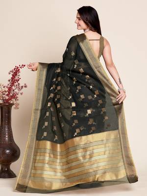 Black Woven Kota Doria Cotton Silk saree With Blouse Piece 3