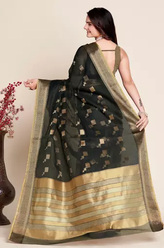 Black Woven Kota Doria Cotton Silk saree With Blouse Piece