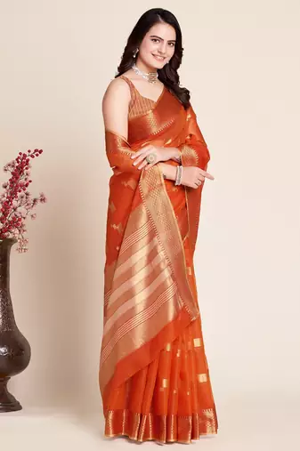 Dark Orange Woven Kota Doria Cotton Silk saree With Blouse Piece