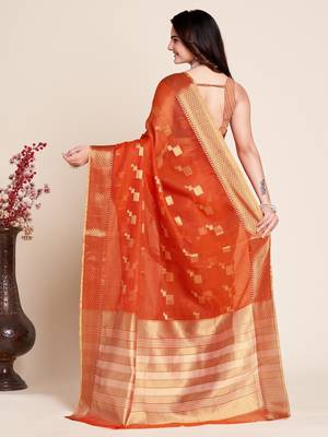 Dark Orange Woven Kota Doria Cotton Silk saree With Blouse Piece 3