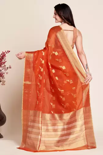 Dark Orange Woven Kota Doria Cotton Silk saree With Blouse Piece