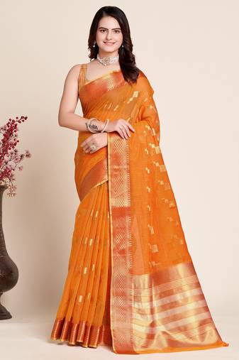 Light Orange Woven Kota Doria Cotton Silk saree With Blouse Piece