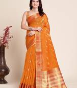 Light Orange Woven Kota Doria Cotton Silk saree With Blouse Piece