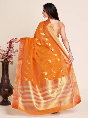 Light Orange Woven Kota Doria Cotton Silk saree With Blouse Piece 3