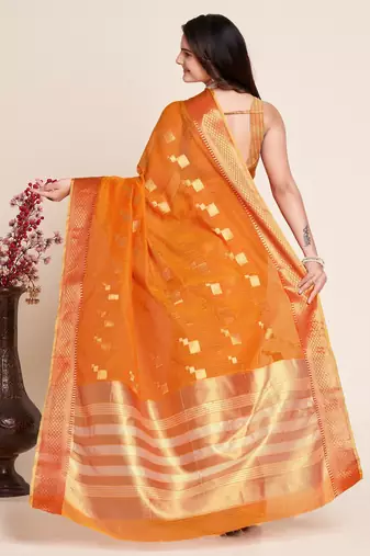Light Orange Woven Kota Doria Cotton Silk saree With Blouse Piece