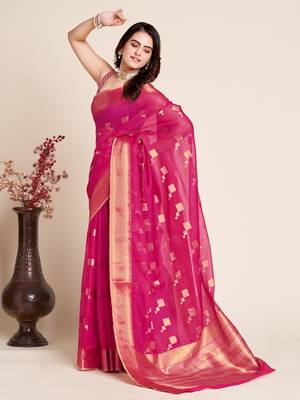 Pink Woven Kota Doria Cotton Silk saree With Blouse Piece 2