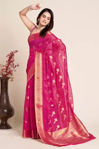Pink Woven Kota Doria Cotton Silk saree With Blouse Piece
