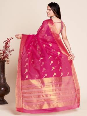 Pink Woven Kota Doria Cotton Silk saree With Blouse Piece 3
