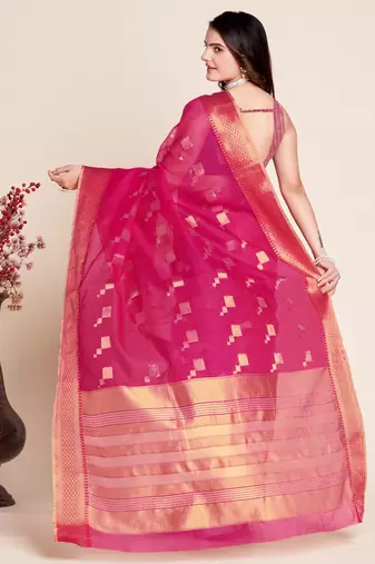 Pink Woven Kota Doria Cotton Silk saree With Blouse Piece