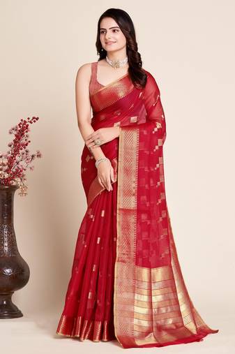 Red Woven Kota Doria Cotton Silk saree With Blouse Piece
