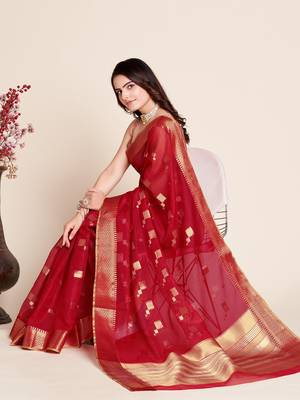 Red Woven Kota Doria Cotton Silk saree With Blouse Piece 2