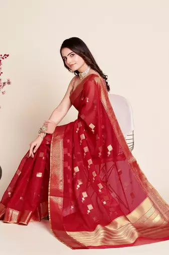 Red Woven Kota Doria Cotton Silk saree With Blouse Piece