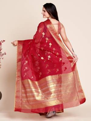 Red Woven Kota Doria Cotton Silk saree With Blouse Piece 3