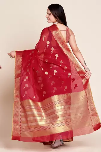 Red Woven Kota Doria Cotton Silk saree With Blouse Piece