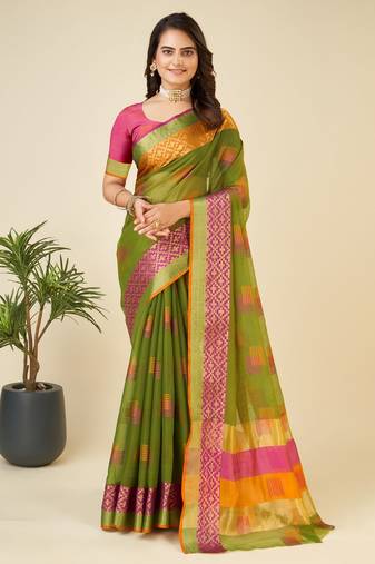Mehendi Woven Kota Doria Cotton Silk saree With Blouse Piece