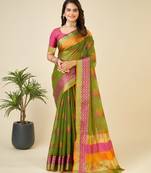 Mehendi Woven Kota Doria Cotton Silk saree With Blouse Piece