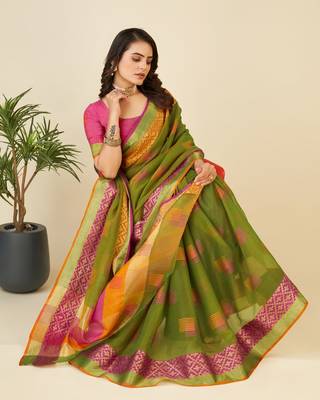 Mehendi Woven Kota Doria Cotton Silk saree With Blouse Piece 2