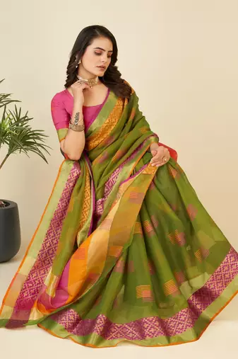 Mehendi Woven Kota Doria Cotton Silk saree With Blouse Piece