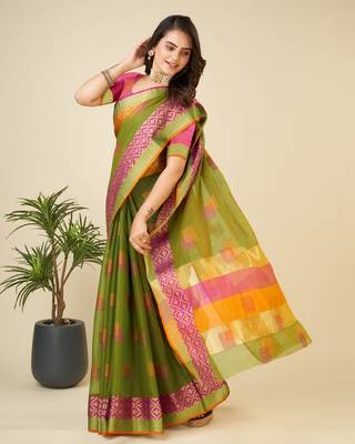 Mehendi Woven Kota Doria Cotton Silk saree With Blouse Piece 3