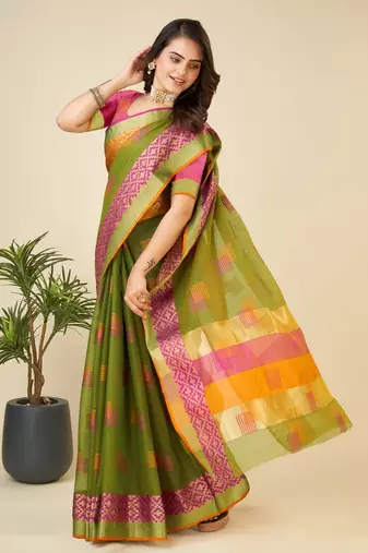 Mehendi Woven Kota Doria Cotton Silk saree With Blouse Piece