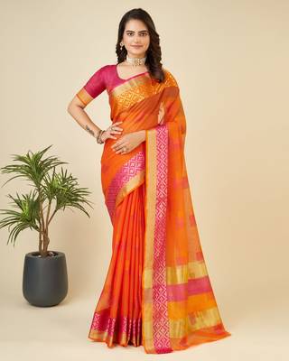 Orange Woven Kota Doria Cotton Silk saree With Blouse Piece 1