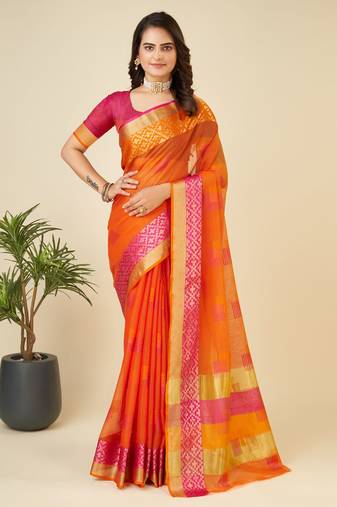 Orange Woven Kota Doria Cotton Silk saree With Blouse Piece