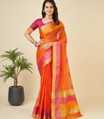 Orange Woven Kota Doria Cotton Silk saree With Blouse Piece