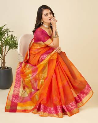 Orange Woven Kota Doria Cotton Silk saree With Blouse Piece 2