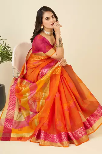 Orange Woven Kota Doria Cotton Silk saree With Blouse Piece