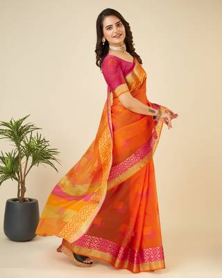 Orange Woven Kota Doria Cotton Silk saree With Blouse Piece 3