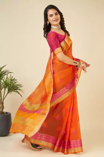 Orange Woven Kota Doria Cotton Silk saree With Blouse Piece
