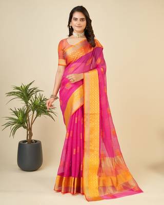 Pink Woven Kota Doria Cotton Silk saree With Blouse Piece 1