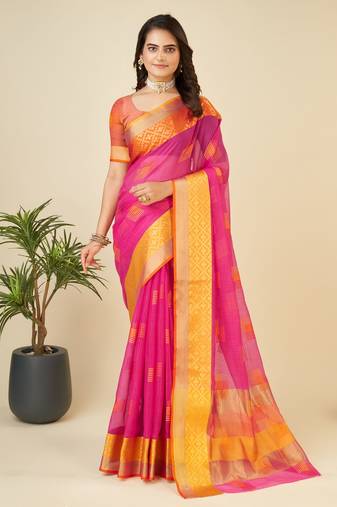 Pink Woven Kota Doria Cotton Silk saree With Blouse Piece