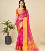 Pink Woven Kota Doria Cotton Silk saree With Blouse Piece