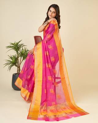 Pink Woven Kota Doria Cotton Silk saree With Blouse Piece 2