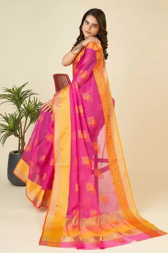 Pink Woven Kota Doria Cotton Silk saree With Blouse Piece