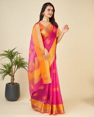 Pink Woven Kota Doria Cotton Silk saree With Blouse Piece 3