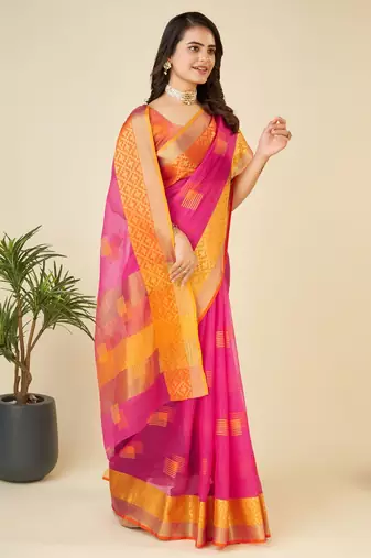 Pink Woven Kota Doria Cotton Silk saree With Blouse Piece