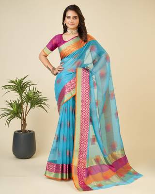 Sky Blue Woven Kota Doria Cotton Silk saree With Blouse Piece 1