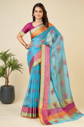 Sky Blue Woven Kota Doria Cotton Silk saree With Blouse Piece