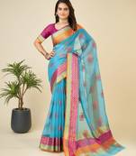 Sky Blue Woven Kota Doria Cotton Silk saree With Blouse Piece
