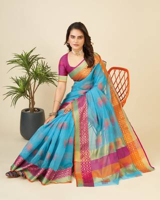 Sky Blue Woven Kota Doria Cotton Silk saree With Blouse Piece 2
