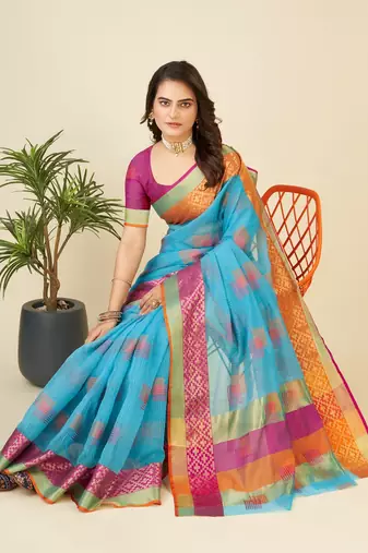 Sky Blue Woven Kota Doria Cotton Silk saree With Blouse Piece