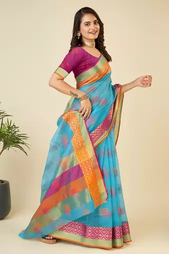 Sky Blue Woven Kota Doria Cotton Silk saree With Blouse Piece